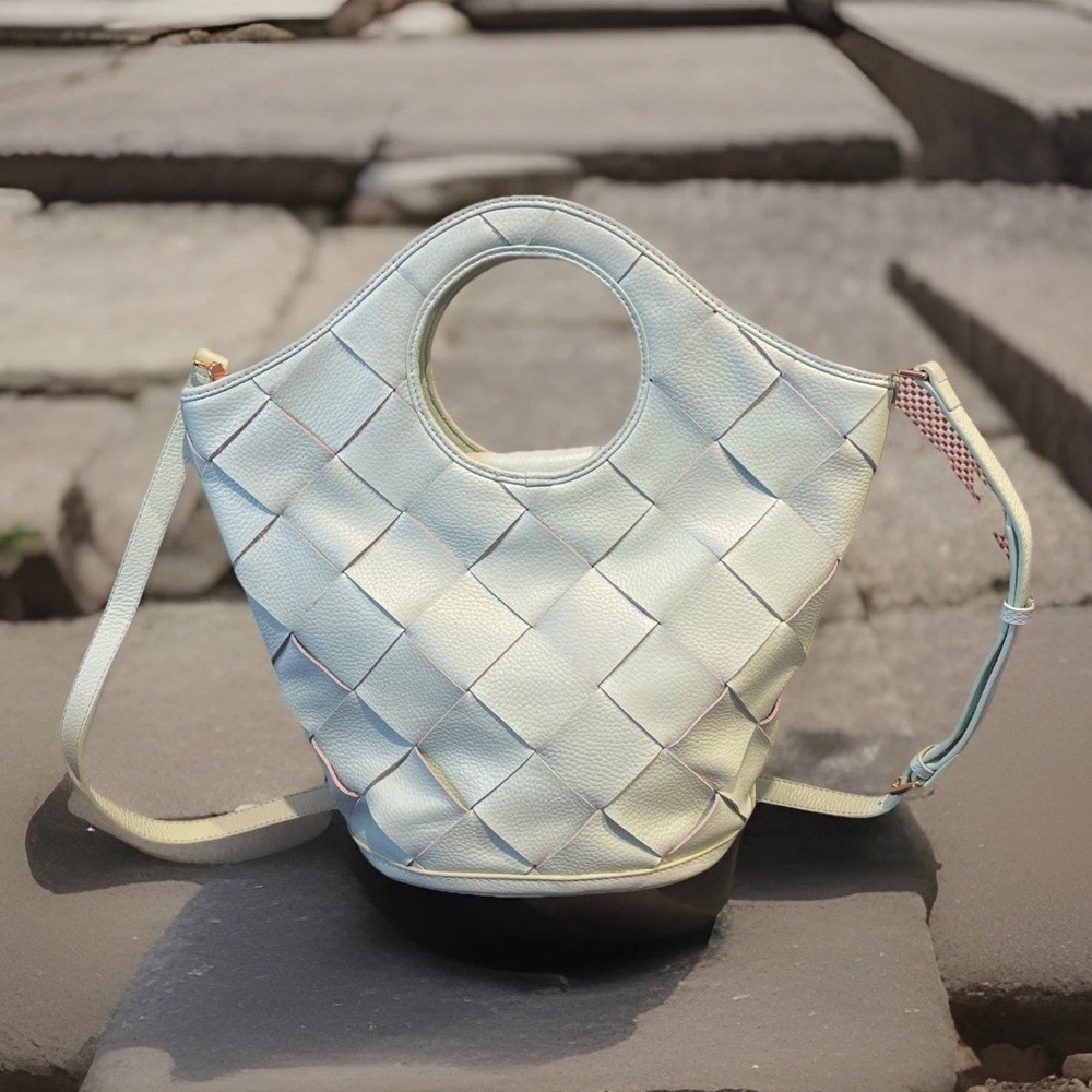 Sassy Jones Addie Weaved Teal Bucket Adjustable Crossbody Gold Hardware‎